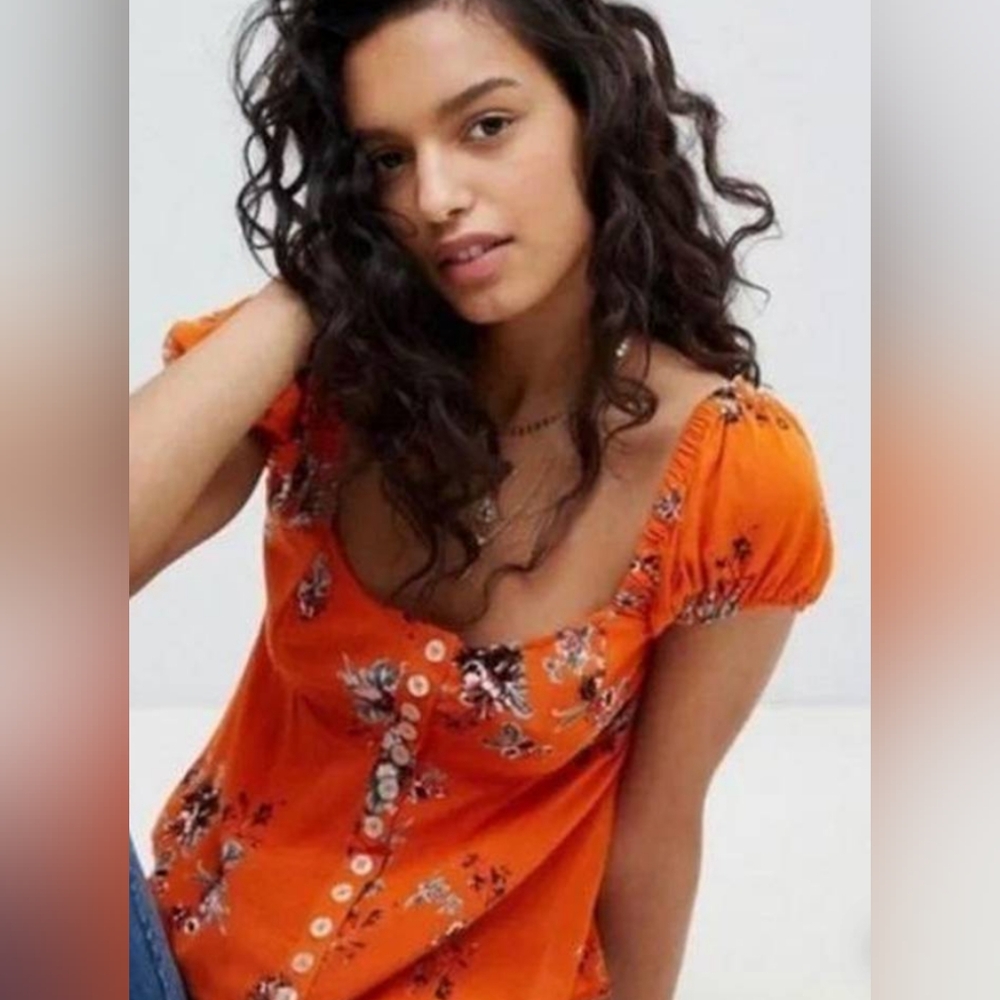 Free People "Close To You"  Orange Floral Blouse Size XS